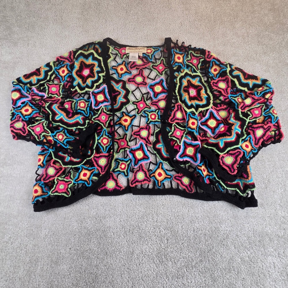 Vintage Norm Thompson Crochet Cardigan 2X Multicolor Boho Cropped Granny Square